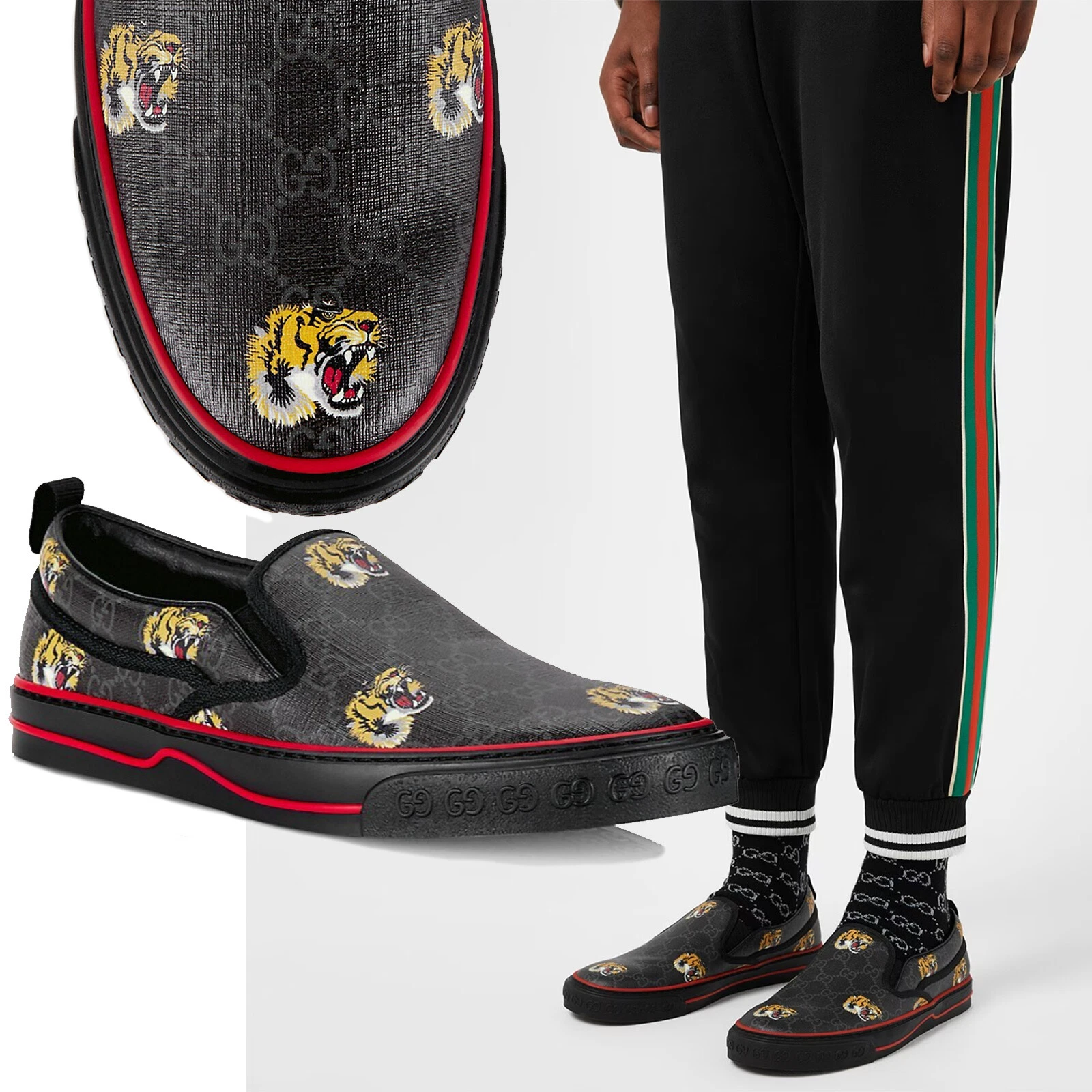 CHAUSSURES GUCCI HOMMES 1977 TENNIS BASKETS À ENFILER GG SUPREME TIGER taille 10G 10,5