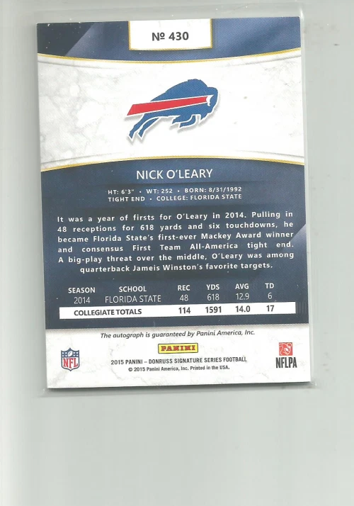 2015 DONRUSS SIGNATURE SERIES #430 NICK O'LEARY   AUTO   RC - Image 2 of 2