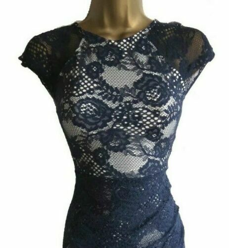 Lipsy Bodycon Wrap Lace Dress 16 Navy Blue Cream Party Evening Occasion Wedding - Picture 8 of 21