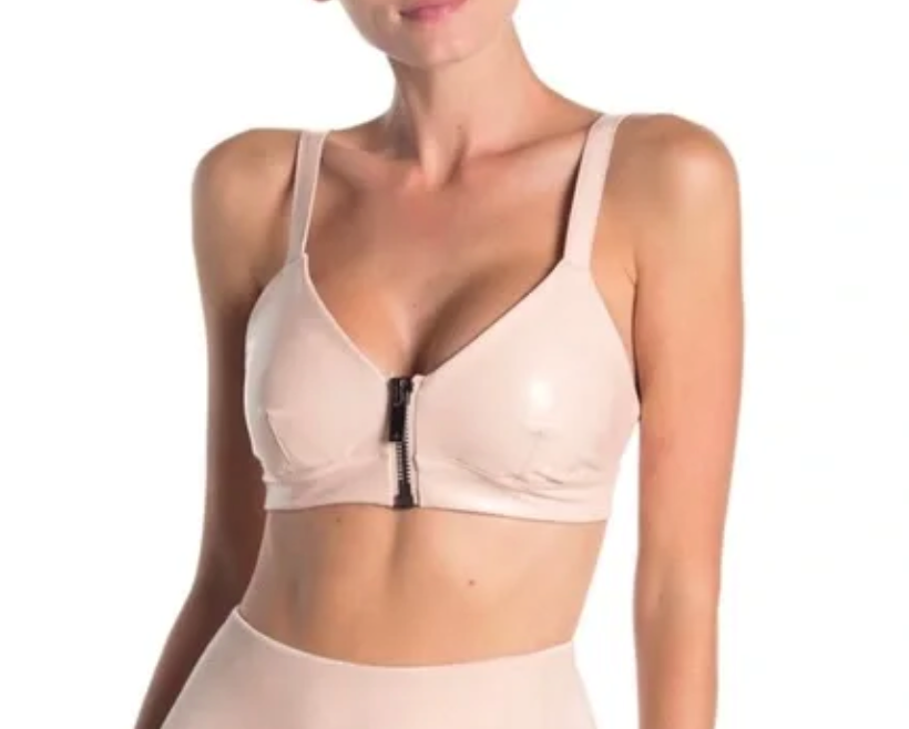 ALO YOGA Women's LIQUID Zip Up Faux Leather Sports Bra Nectar Pink