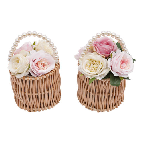 8* Wicker Wedding Flower Baskets Girl Rattan Flower Barrel Basket w/Pearl Handle