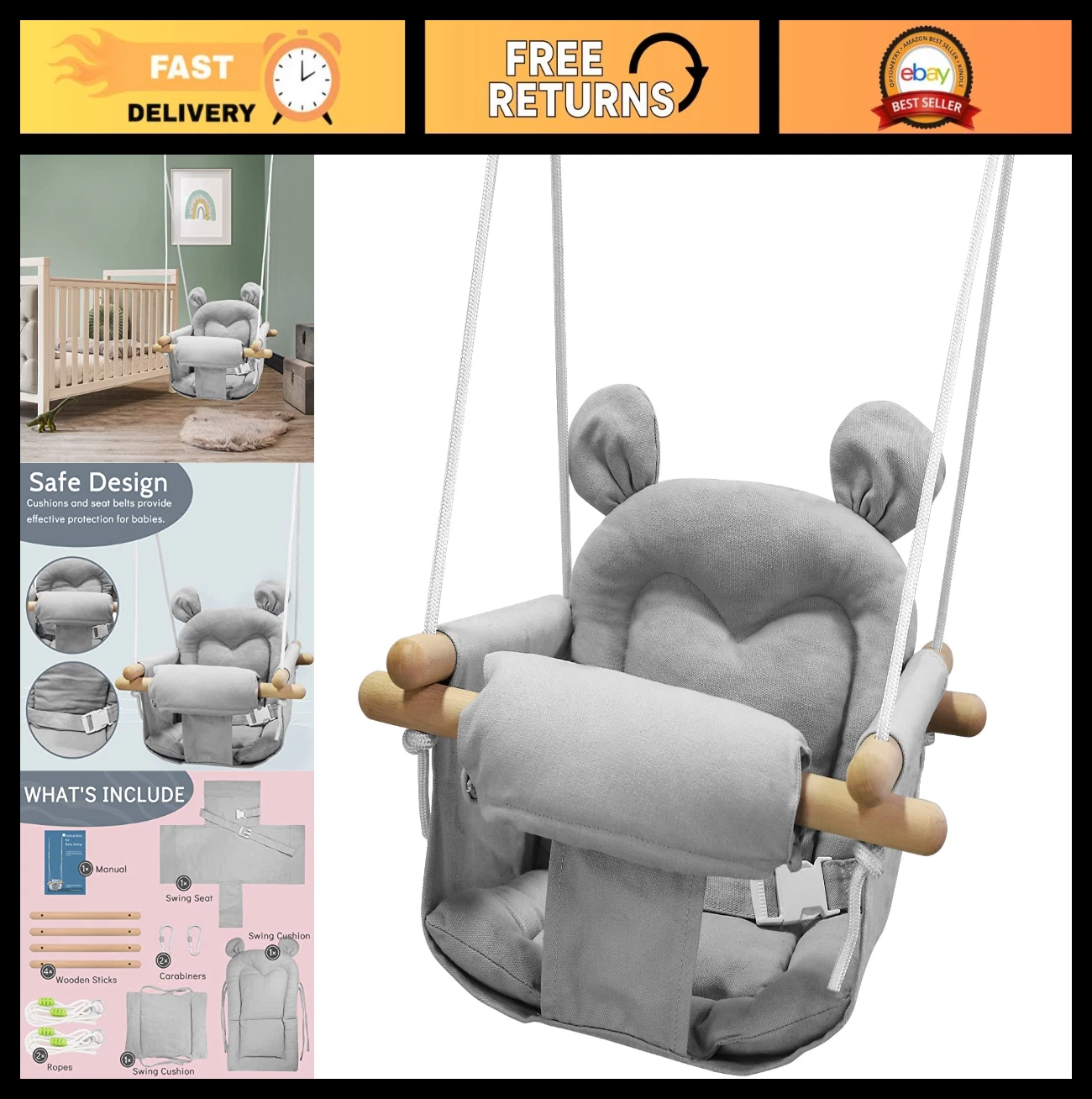 Cozy Canvas Baby Swing for Infants & Toddlers - Indoor/Outdoor Wooden Seat, Hamm