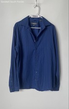 Kenneth Cole Reaction Mens Blue Plaid Slim Fit Non-Iron Dress Shirt Size M