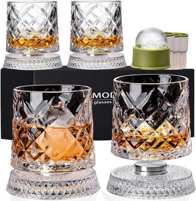 Spinning Whiskey Glasses Set of 4 With Iceball Molds, 9.5oz Lead-free Rotating O