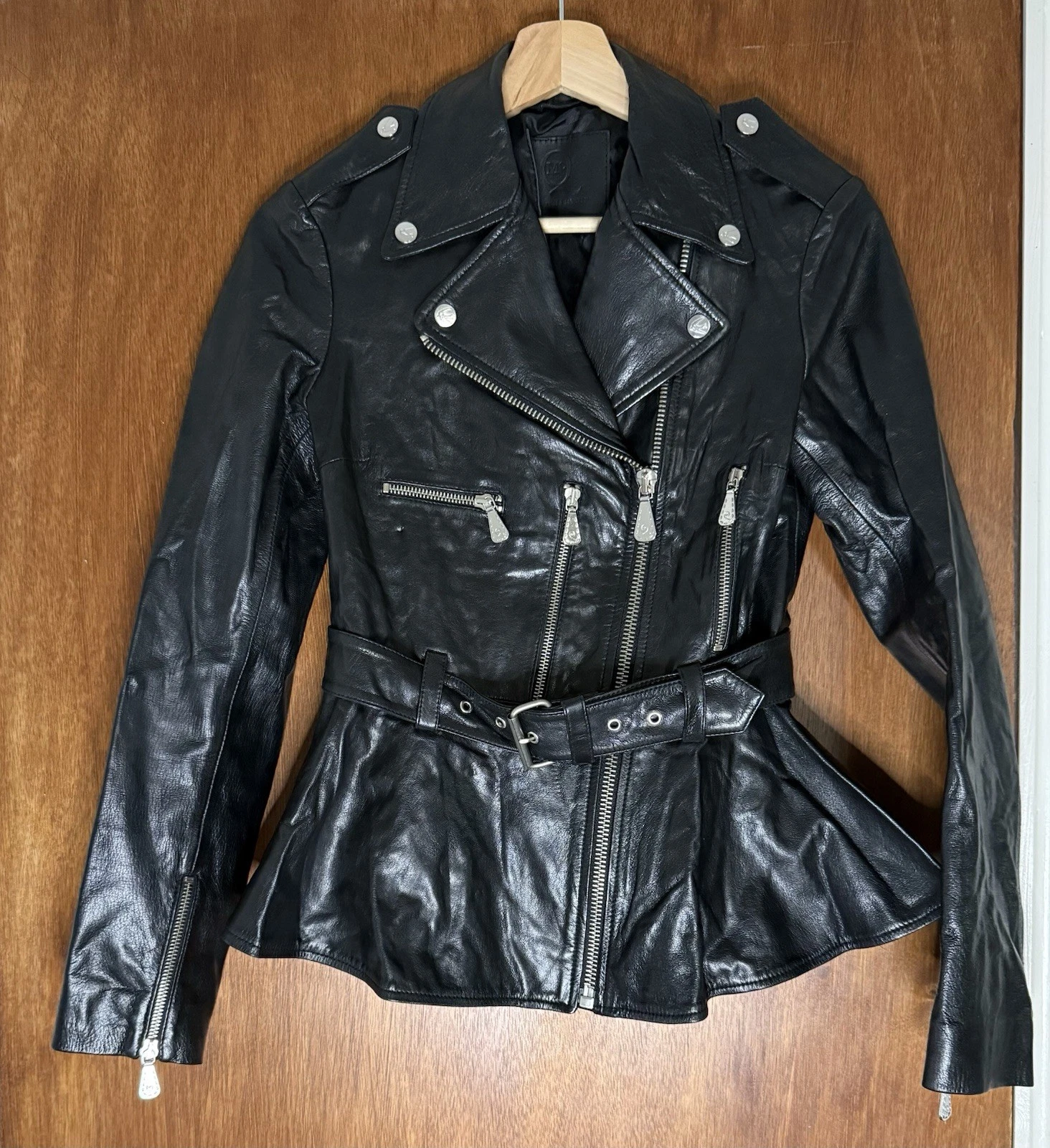 Alexander McQueen — Alexander McQueen MCQ Black Leather Biker Jacket Peplum Belted IT38 UK6–8