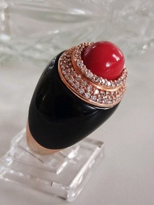 Designer Red Coral Black Onyx & CZ Halo Statement Ring Sz 7 GP Sterling Silver 