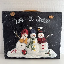 Let it Snow Slate Plaque 3D Snowmen Candy Cane Wreath HollyBerry 6.5” X 5.5” EUC