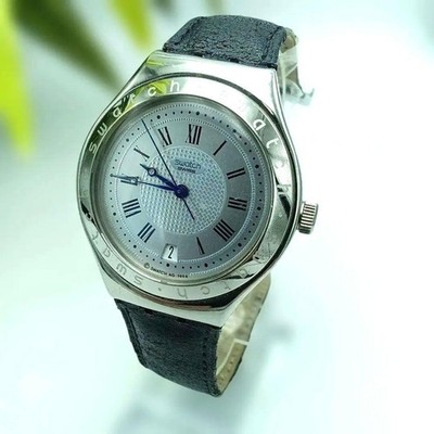 Swatch Automatic Watch Silver Roman Numerals Leather Strap Used