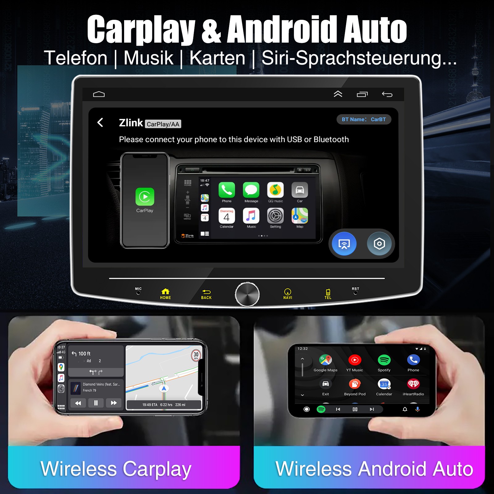 DAB+ Android 15 4+64GB Carplay Autoradio GPS Navi 1 DIN 360° Girevole Schermo foto 6