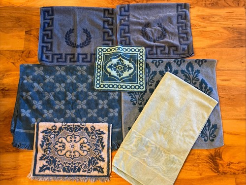 7 Vtg Mid Century Bath Hand Towel Washcloth Lot Blue Sculpted Martex Fieldcrest - Picture 1 of 14