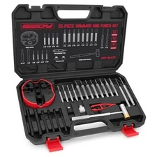 Pin Punch Hammer Set: 25-Piece Punch Set and Hammer with Bench Block, Steel 