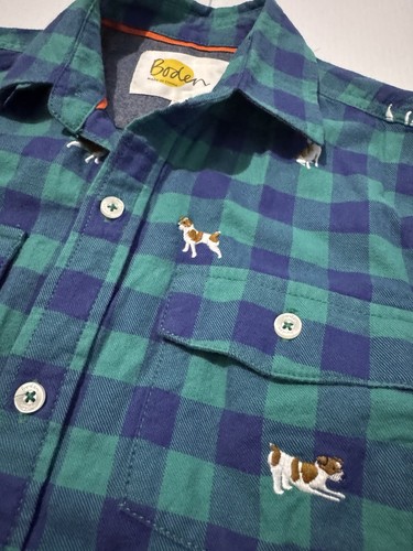 Boden Green blue plaid flannel embroidered Dogs size Kids 11-12 Years Mini Exc - Picture 2 of 7