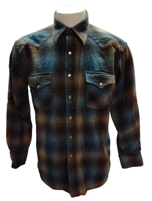 Mens Medium PENDLETON Blue & Brown Plaid Snap Wool Western Shirt