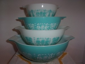 Pyrex Turquoise Butterprint vntg 1950s 4 Cinderella bowl set 441 442 443 444 EUC