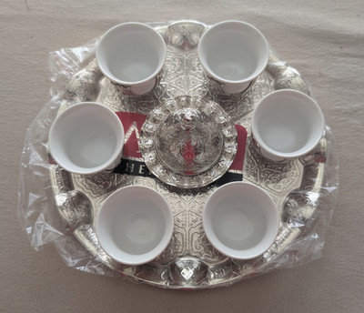 Turkish Coffee Set for 6, with 1 domed holder and 1 tray, silver toned