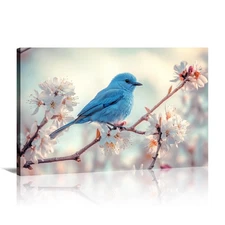 Bird Canvas Wall Art Blue Bird with Flower Pictures Sparrow Painting Prints W...