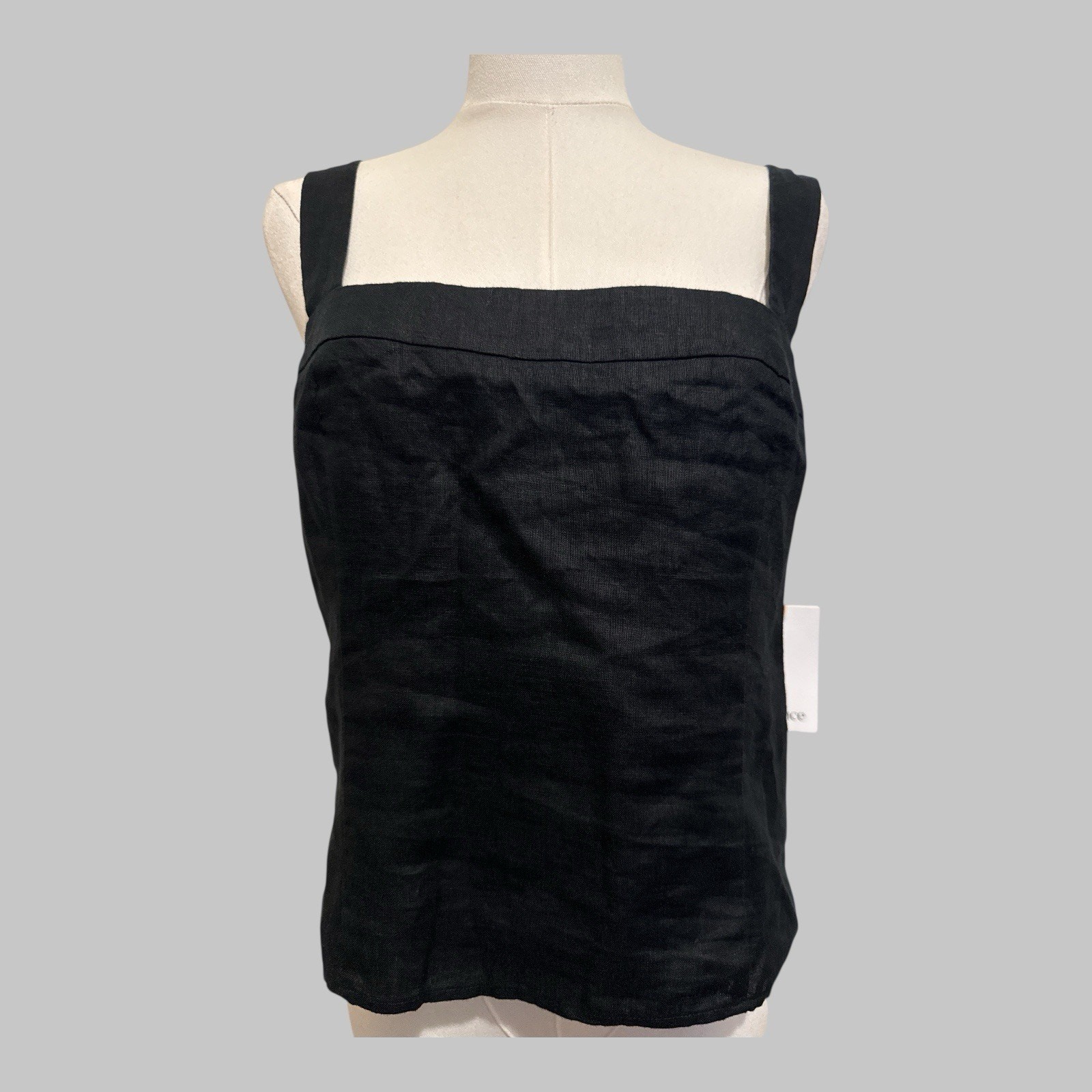 Quince European Linen Smocked Zip Sustainable Adj. Straps Black lined Tank Top M