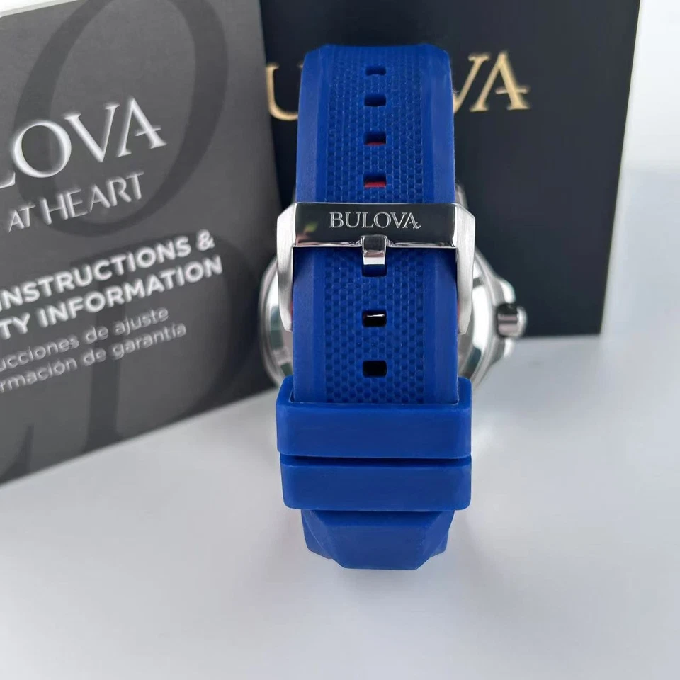 Nuevo reloj automático Bulova Marine Star esfera blanca correa de goma azul para hombre 98A225 Foto 4 de 4