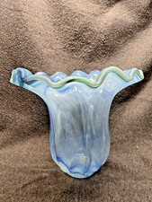 Murano Lavorazione Arte Blue/White/Gr. Swirl Ruffled Glass Vase12" Tall 13" Top