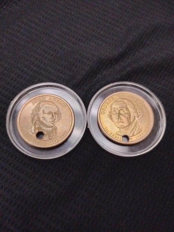 2 Old USA Golden One Dollar Coins With Holes - Washington & Adams