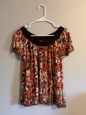 Y2K AB Studio Orange and Brown Floral Short Sleeve Blouse Size Large