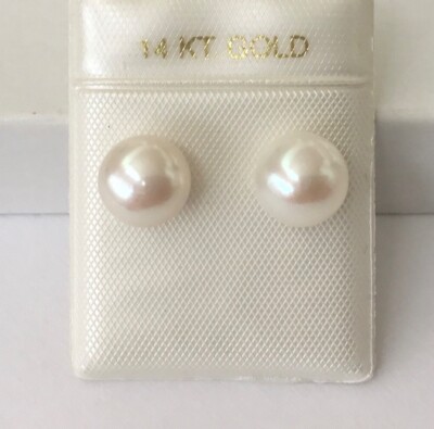 White Cultured Freshwater Button Pearl 8-8.4 mm Solid 14K Gold Stud Earrings NEW