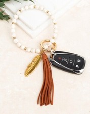 Cream Stone Key Ring Bracelet with Brown Tassel / New Without Tag