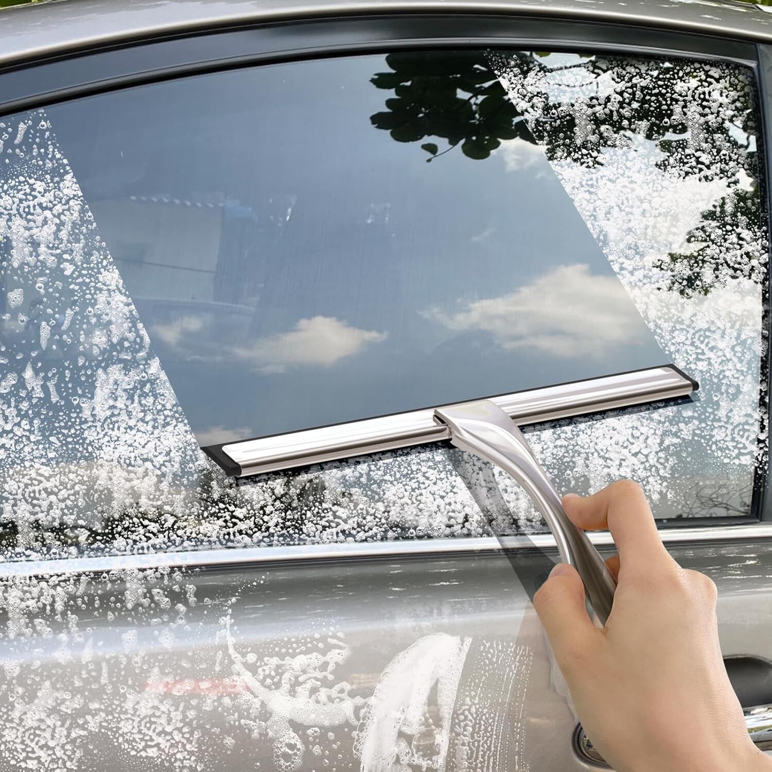 All-Purpose Stainless Steel Shower Squeegee for Glass Doors with Adhesive Hooks