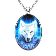 Cool Creative White Wolf Head Oval Pendant Necklace