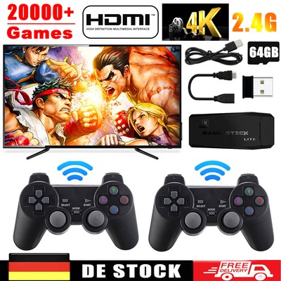 Wireless 4K HD Videospielkonsole Retro 20000+ Spiele TV Stick 64GB mit 2 Gamepad