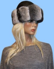 New GENUINE CHINCHILLA AND BLACK LEATHER FUR HAT 21-23 inch