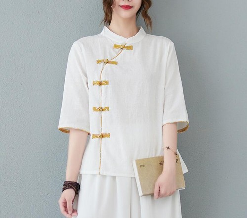 Summer Chinese Style 3/4 sleeve Tops Women's Casual Cotton Linen Shirts Blouse - Picture 10 of 22