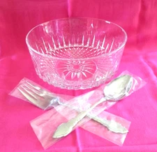 Arcoroc Crystal Salad Bowl Set Starburst Intl Silver Stainless Fork & Spoon NOS
