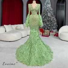 2025 Green Mermaid Evening Luxury Dress Beaded Feather Long Evening Dresses Gown