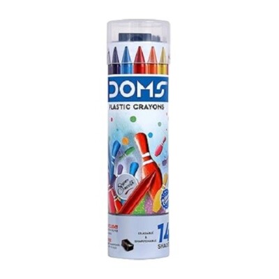 Doms 14 Shades Erasable Plastic Crayons Round Tin Box Free Sharpner Inside