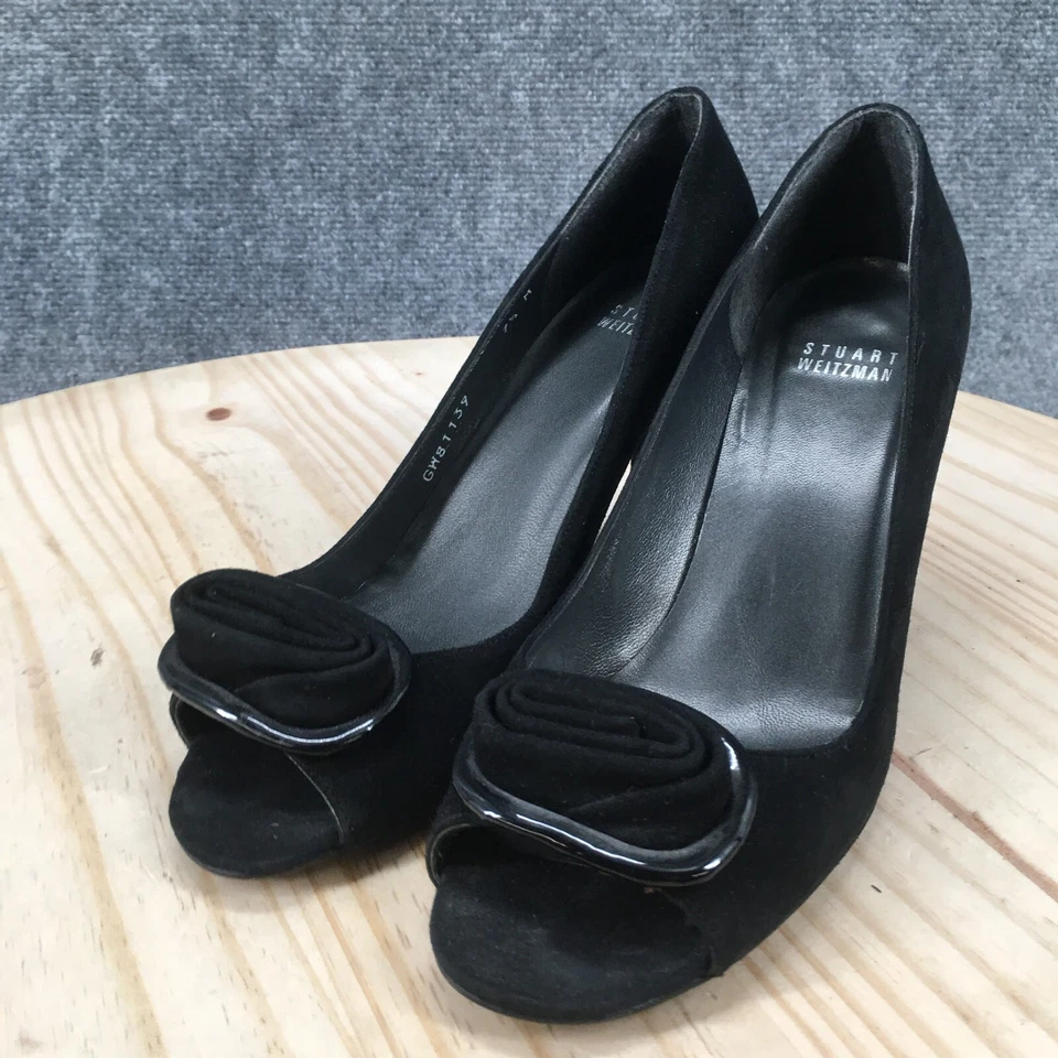 Sandalias Stuart Weitzman para mujer 7,5 M zapatos sin cordones negros gamuza tacones lazo punta abierta Foto 3 de 4