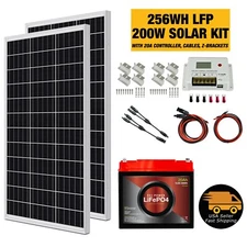 256WH 200W 12V Solar Panel Kit with LFP LiFePO4, Mounting Kit, Off Grid DIY