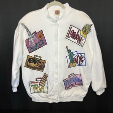 VTG 80s Saks Fifth Avenue Cotton Travel Micro Beaded City Patchwork Jacket M