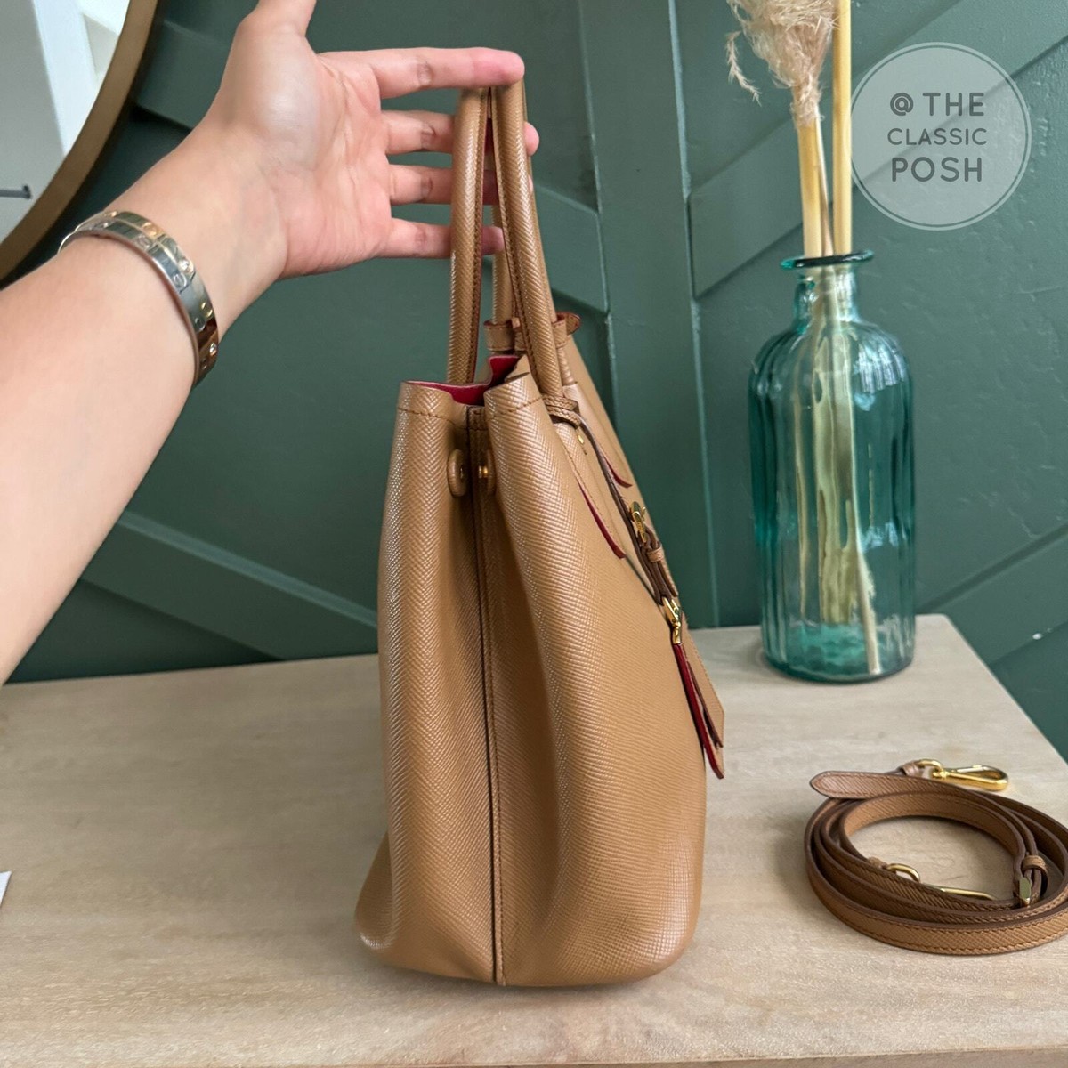 Prada Double Cuir Saffiano Leather Medium Camel Tote