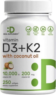 Vitamin D3 10,000 IU + K2 MK7 200 mcg, Infused with Virgin Coconut Oil, 250 Sof