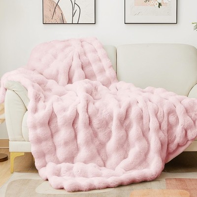 Latepis Faux Fur Twin Blanket Plush Light Pink 60x80 Inch Cute Fluffy Warm Bu...