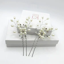 Oval Pearl Flower 2 PC Bridal Hairpin Set, Wedding Prom Floral Pearl Hair Pins