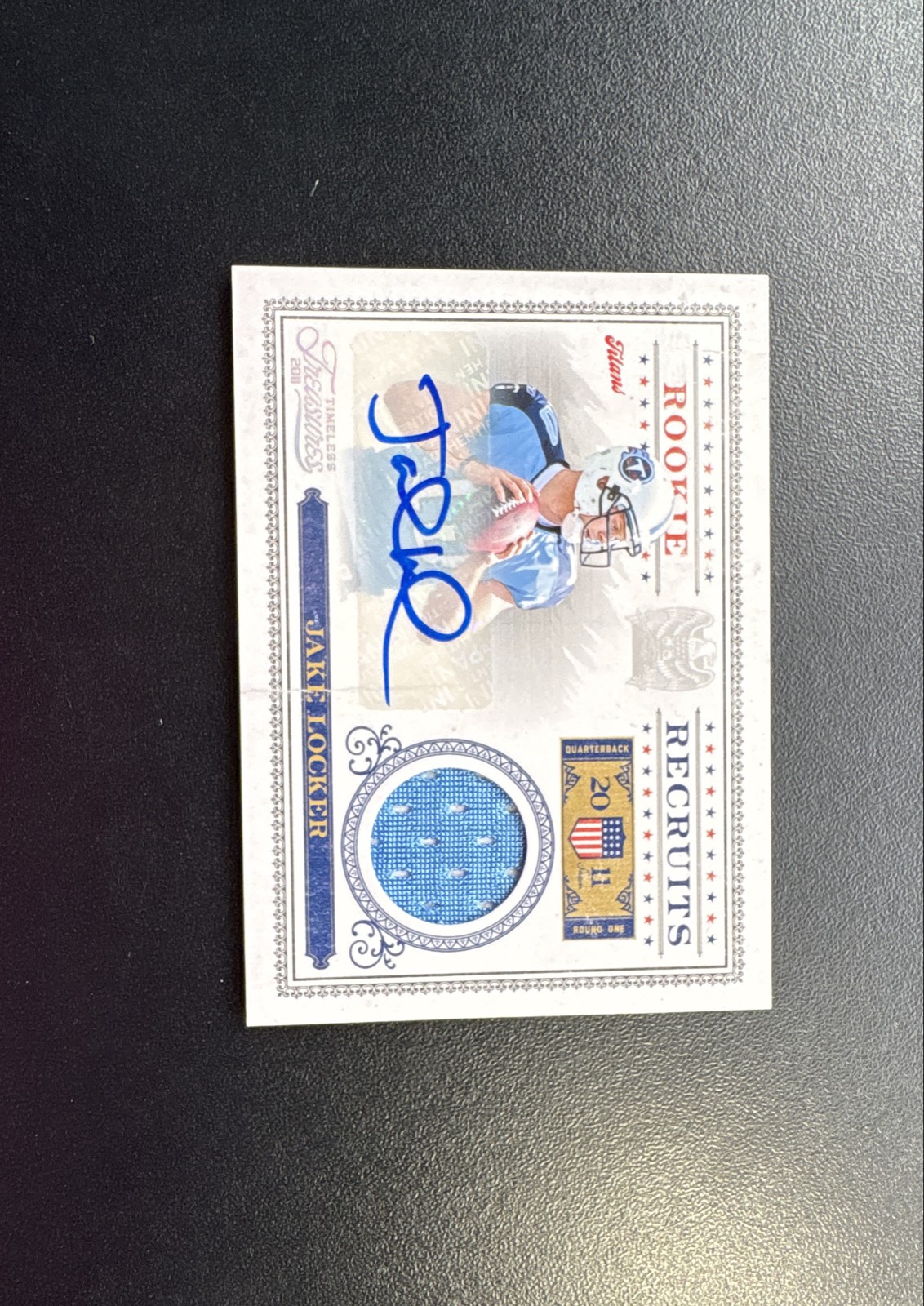 Jake Locker Panini Timeless Treasures Rookie Recruits #19 Material Autograph
