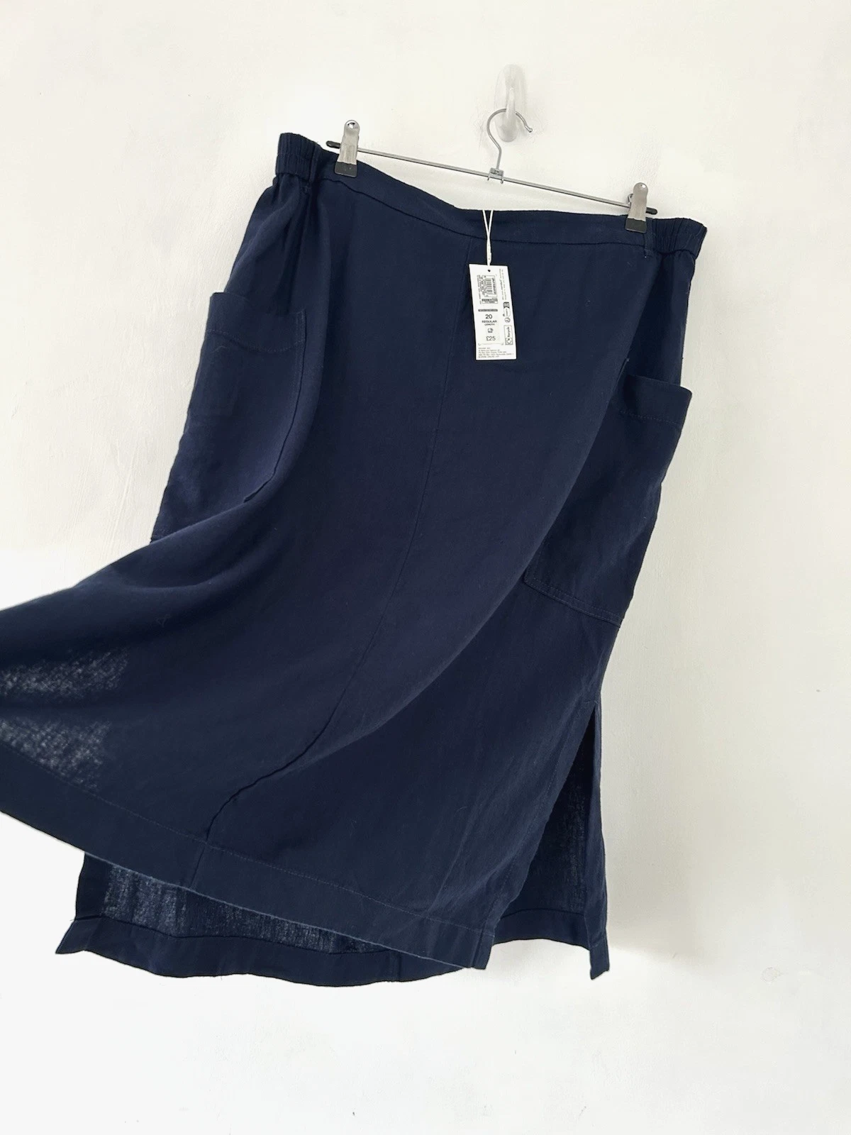 Marks & Spencer Skirt Linen Mix Navy Elastic Midi Pockets Side Split UK 20 BNWT