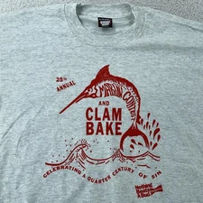 Vintage 90s Marlin Contest Clam Bake Shirt Mens L/XL Gray Budweiser Made USA Tee