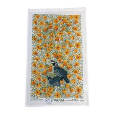Vintage Kay Dee Handprints Linen Tea Towel California Poppies & Quail 28 x 16"
