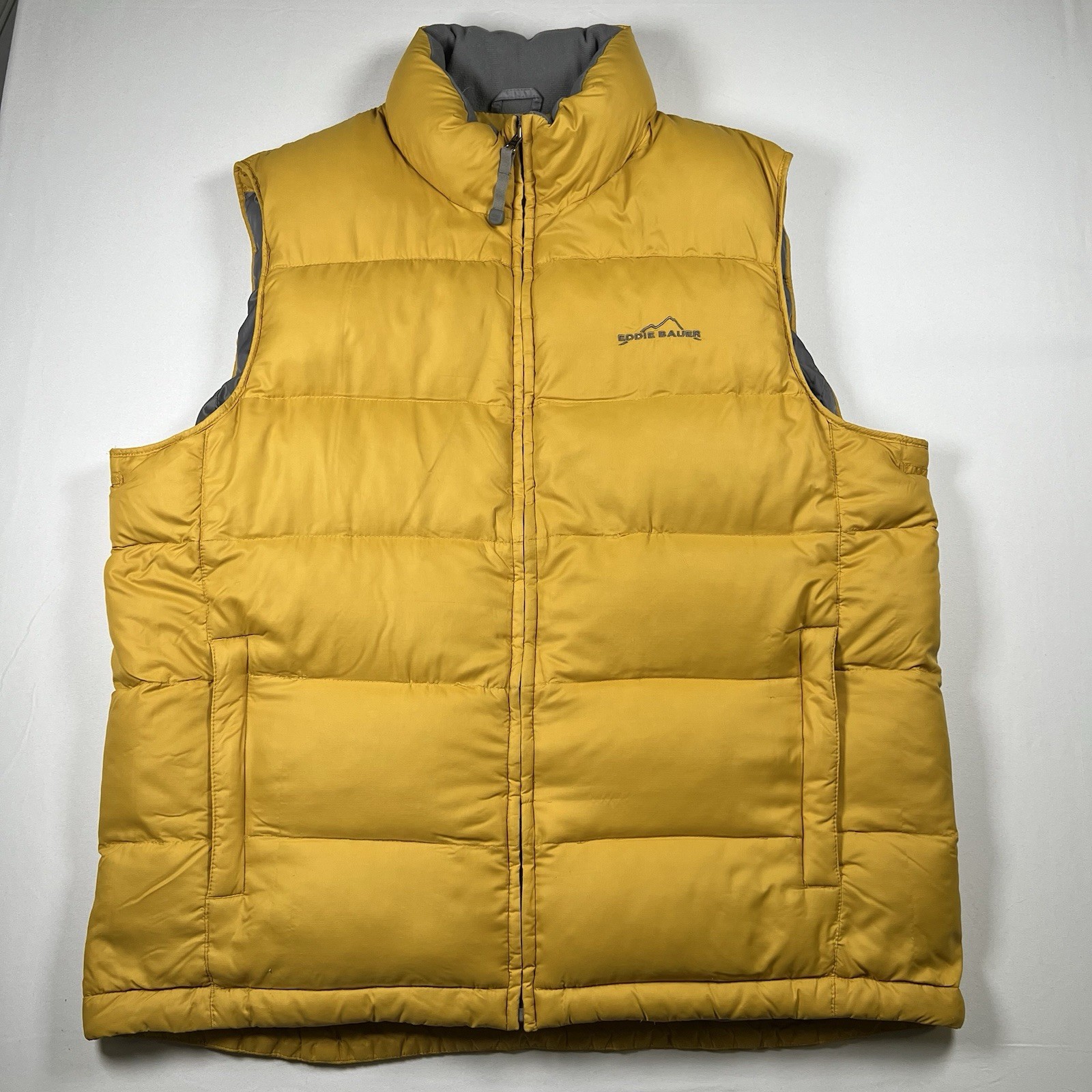 Eddie Bauer Mens Puffer Vest Goose Down Mustard Yellow Size L Outdoor Camp *Flaw
