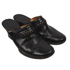 Sofft Mules Clogs 6.5 Black Leather Wedge Heel Black Chain Detail Comfort