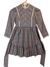 Vintage Ruth of Carolina Plaid Dress Green Red Girl Size 7 Long Sleeve Ruffle