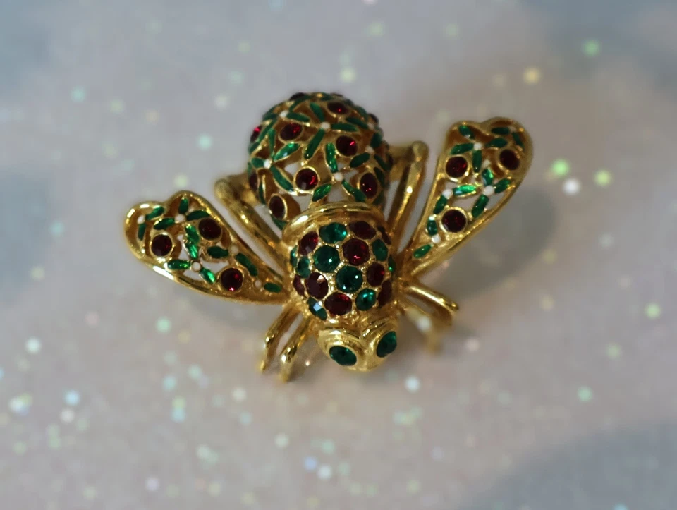 Broche Abeja Joan Rivers Navidad Rojo Verde Vacaciones Cristal Hecho con Swarovski Foto 2 de 4